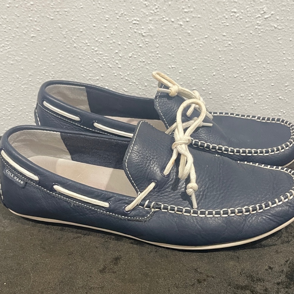 Cole Haan Men's Navy Boat Shoes with White Accents